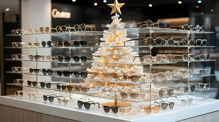 Sunglasses Display with Festive Decor Enhances Holiday Shopping Experience