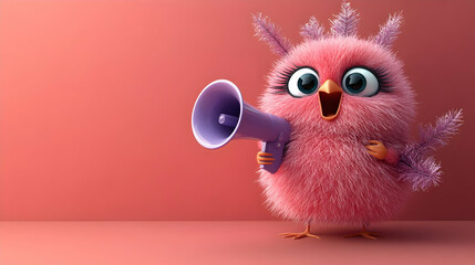 Fototapeta premium Pink Fluffy Bird Holds Megaphone, Makes Announcement on Coral Background