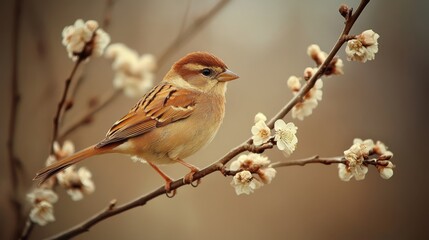 Fototapeta premium Tranquility in Bloom A Delicate Sparrow Perched Among Springtime Blossoms on a Branch