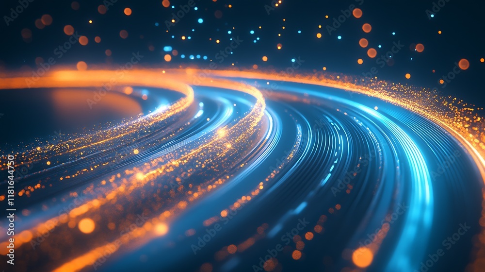 Poster Dynamic Streams of Neon Blue and Orange Lights on Dark Background : Generative AI