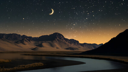 Starry Night with Crescent Moon Over a Serene Desert Landscape, Featuring Majestic Mountains, a Peaceful Riverbend, and Warm Twilight Hues Across the Horizon