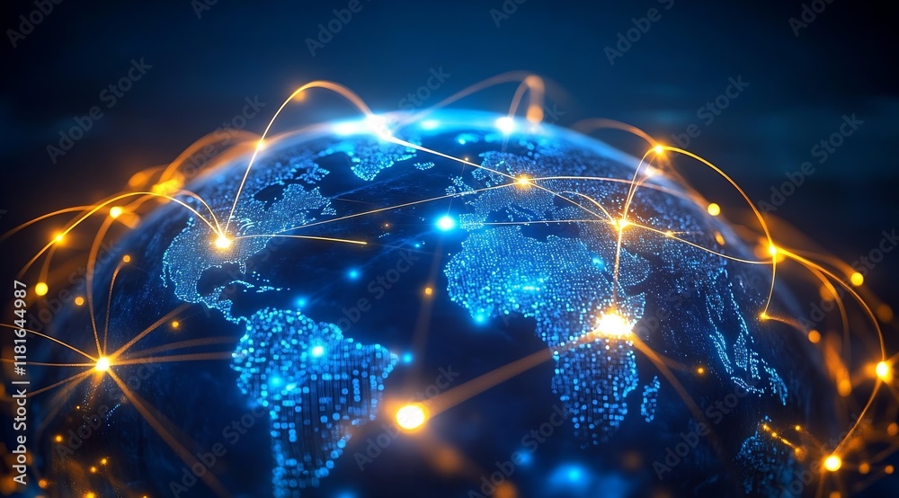 Poster Digital Global Network Visualization Exhibiting Connectivity and Data Flow Worldwide : Generative AI