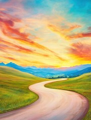 Winding road through vibrant fields under a colorful sunset sky.