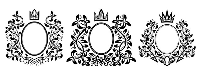 Royal-themed black vector frames with crowns and detailed floral designs. Perfect for luxury invitations, regal branding, and elegant decoration. Transparent background for versatile use.