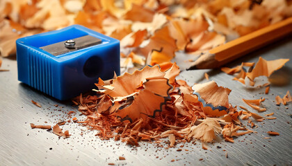Close-up of pencil shavings and a blue sharpener on a metallic surface.  Perfect for back-to-school, education, art, and craft projects.  High-quality image with detailed textures.