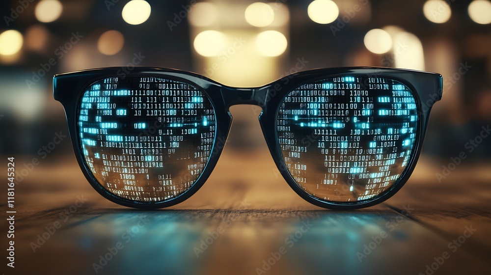 Poster Stylish Eyewear Reflecting Binary Code Representing Digital Data and Technology : Generative AI