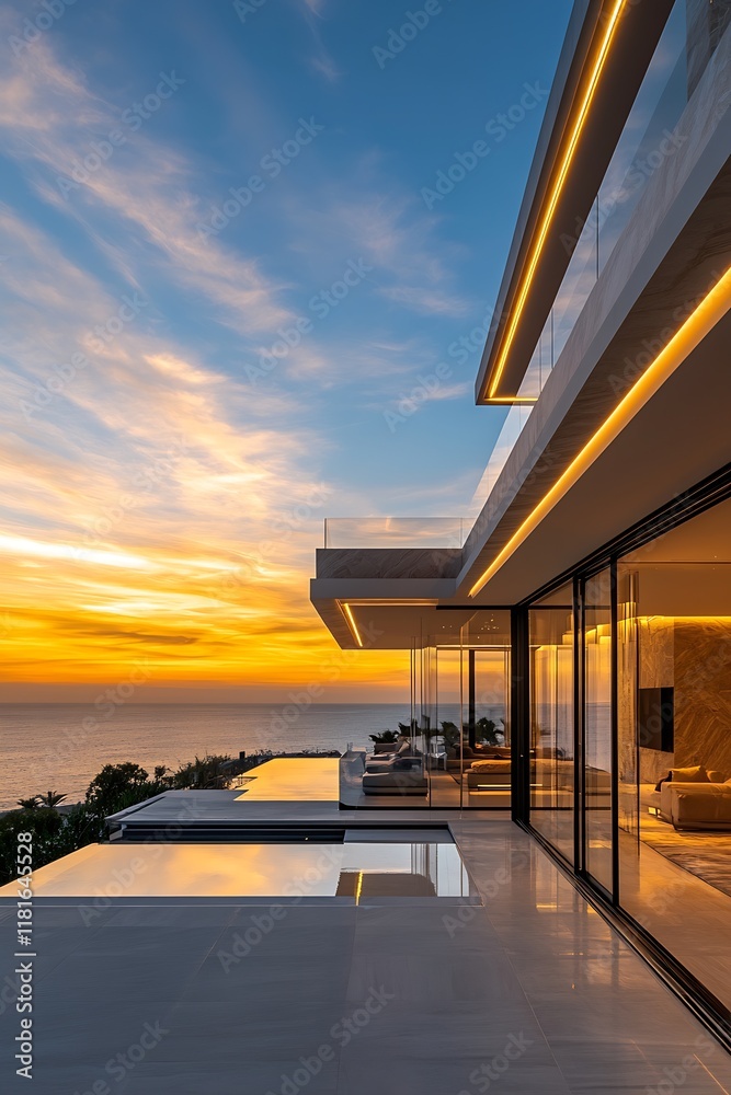 Poster Elegant oceanview villa with modern architecture and stunning sunset views : Generative AI