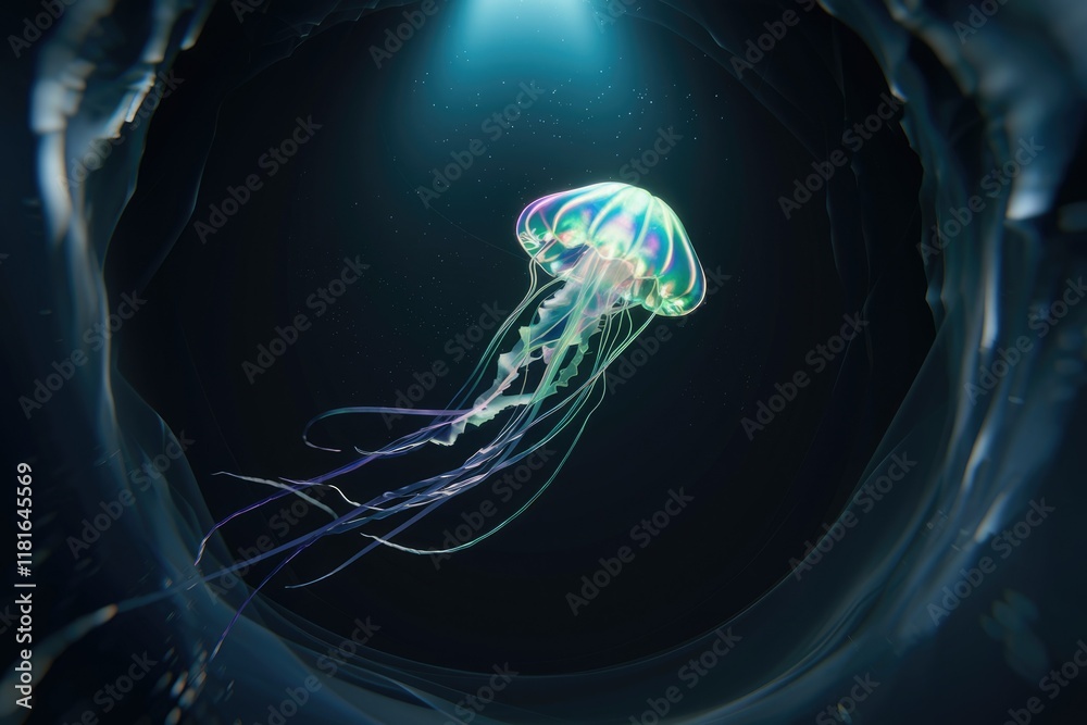 Poster an iridescent jellyfish gracefully floats in the dark ocean depths, illuminated by a soft light.