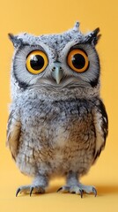 Fototapeta premium A comical owl stands with wide, surprised eyes, its fluffy feathers slightly ruffled. The bright yellow background enhances its quirky expression, giving a playful vibe that brings joy