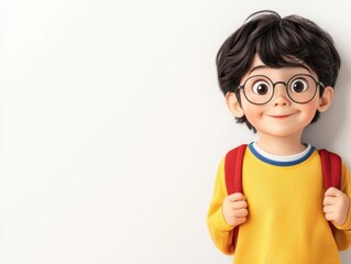 Cheerful animated boy with glasses and backpack against a plain background.