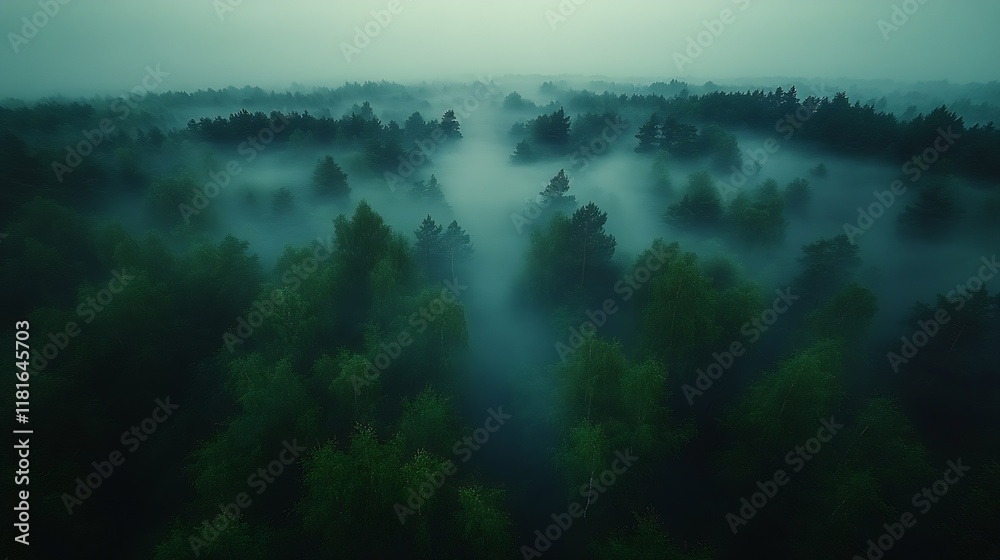 Poster Enchanting Fog-Embraced Forest Overhead View with Dense Nature and Tranquility : Generative AI