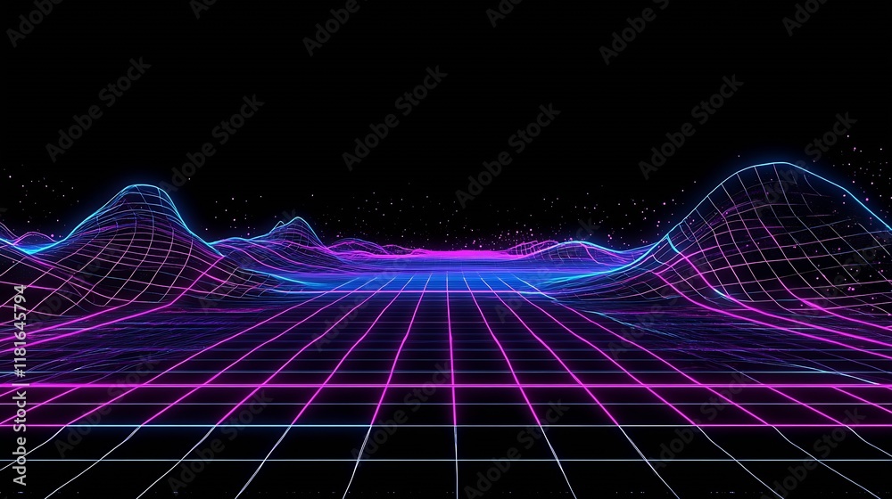 Aufkleber digital landscape with glowing neon grid and abstract waves : generative ai