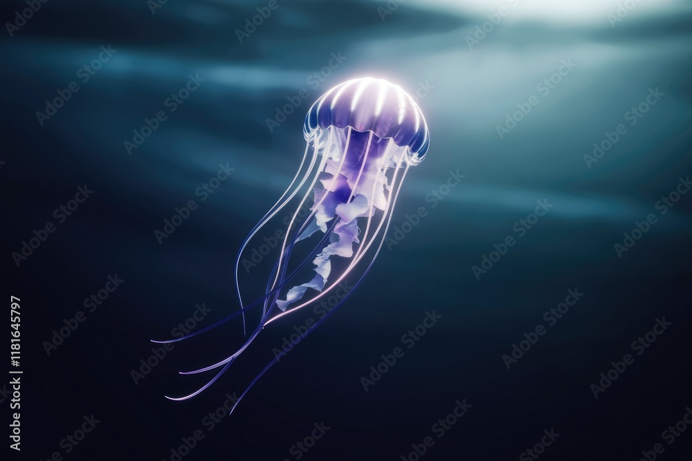 Poster a mesmerizing jellyfish gracefully floats in the deep ocean, its bioluminescent bell glowing softly.