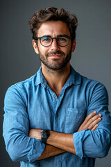 Fototapeta premium Portrait of happy fashionable handsome man in jeans shirt and glasses crossing hands and smiling