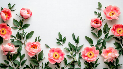 Flowers composition, flat lay, copy space. Frame made of pink flowers on white background.