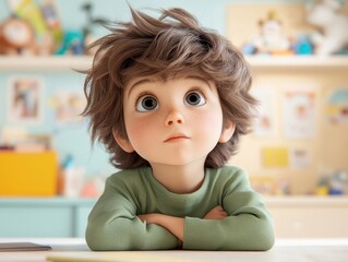 A curious child with tousled hair gazes thoughtfully at the viewer in a cozy, bright setting.