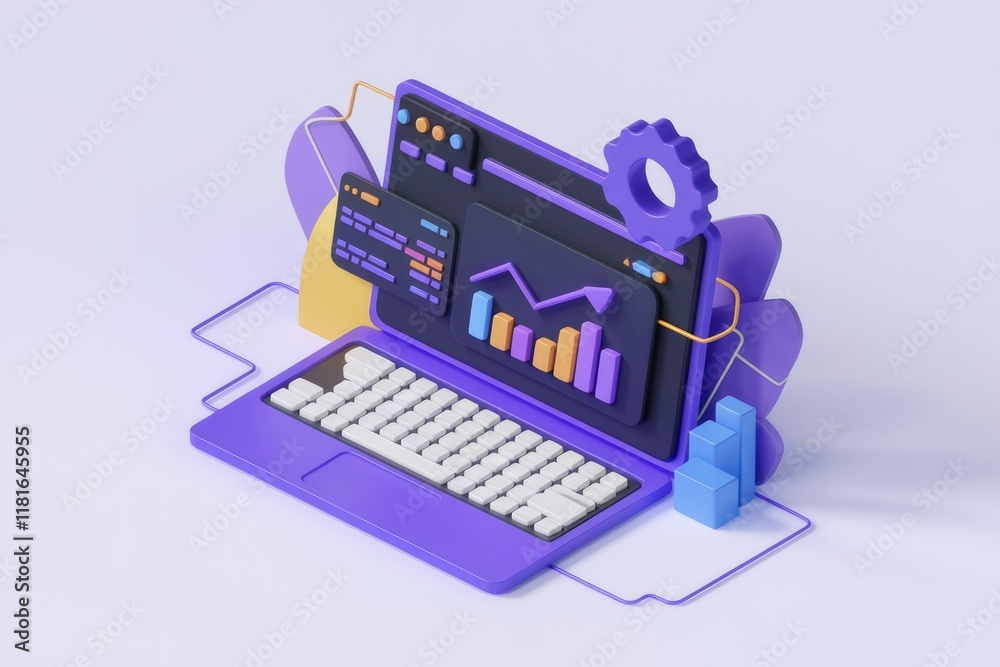 Aufkleber Laptop displaying data analytics, programming code, and growth charts, symbolizing technological progress and data-driven decision making.