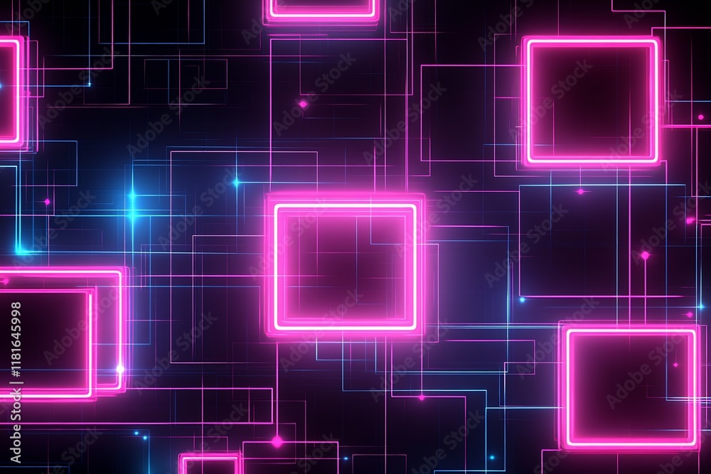 Poster high-tech digital art with vibrant neon squares on dark futuristic background : generative ai