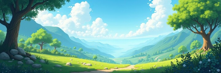 Obraz premium Lush Green Hills and Verdant Trees Create a Serene Animated Landscape Under a Bright Blue Sky with Fluffy Clouds
