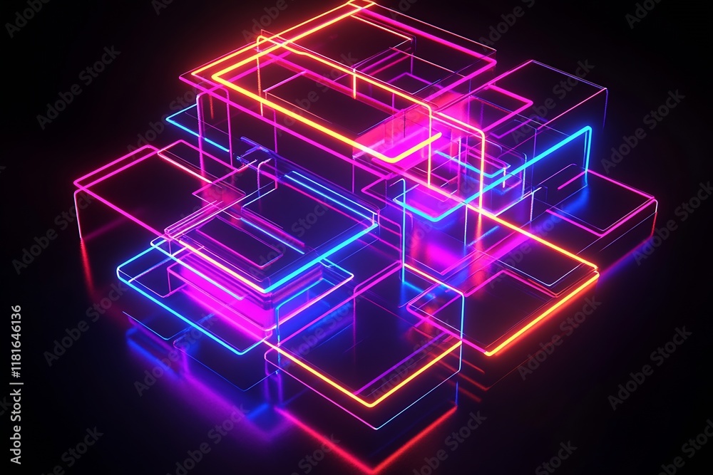 Poster Innovative Neon Light Cube Structures in Contemporary Art Display : Generative AI