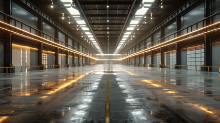 Obraz premium A spacious industrial warehouse interior with polished floor and glowing lights reflecting in the evening