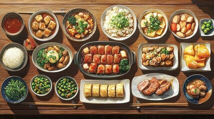 An artistic top view of various Chinese dishes arranged with precision, emphasizing modern aesthetics and offering space for restaurant promotions.