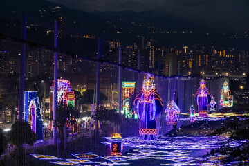 Medellin, Antioquia. Colombia - January 2, 2024. Luminous figures with Christmas themes decorate...