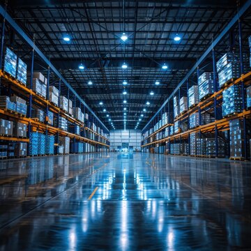 Spacious warehouse interior filled with neatly stacked pallets under bright overhead lights during daytime operations