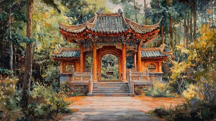 Fototapeta premium An ornate Asian temple tucked away in nature, painted with fine details and subtle shimmer, evoking the cultural essence and peace of the sacred space.