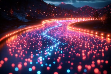Obraz premium Arcade of Neon Lights Guides Through Scenic Landscape with Sparkling Water at Twilight : Generative AI