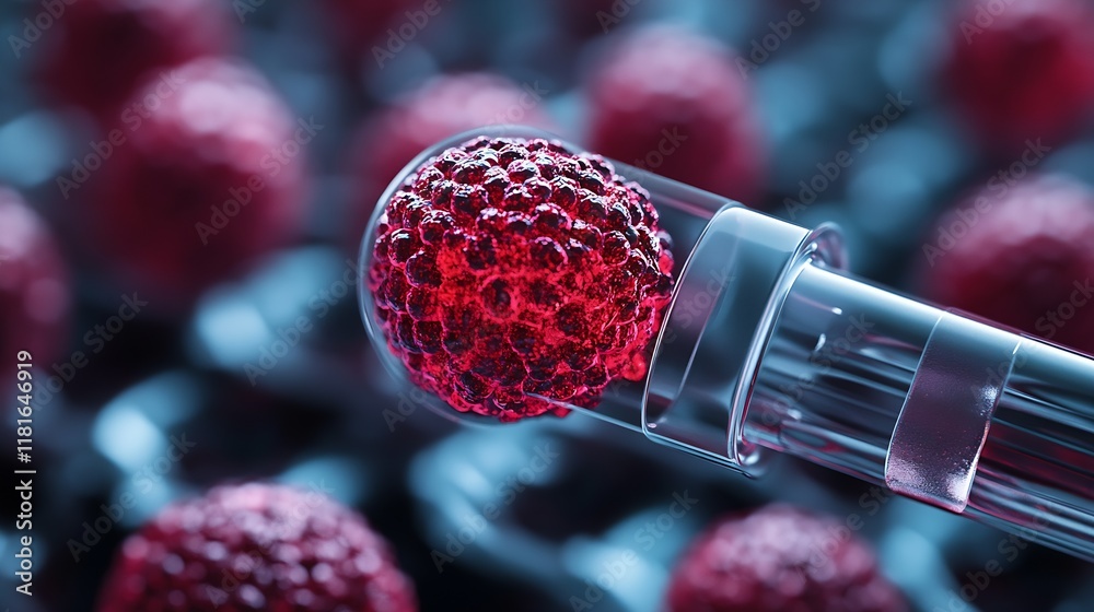 Aufkleber Closeup of Red Virus Cell in Laboratory Setting with Bokeh Effect for Science Research : Generative AI