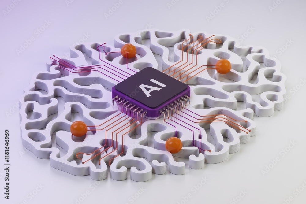 Poster AI chip integrated with a brain-like structure, representing artificial intelligence and neural networks.