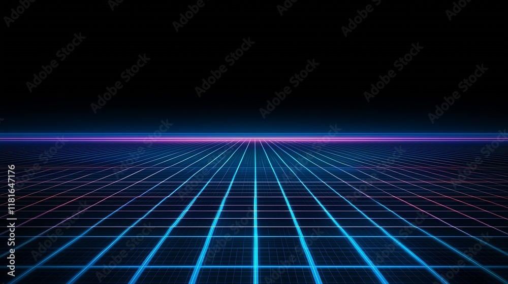 Poster retro futuristic neon grid with endless perspective evoking 1980s aesthetic digital design : generat