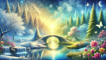 Seasonal Harmony: A Fantasy Bridge Connecting Winter's Serenity to Spring's Vibrancy in Pastel Hues