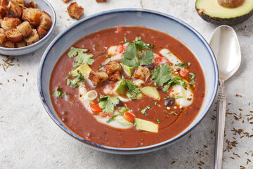 Black Bean Soup with Avocados and Croutons