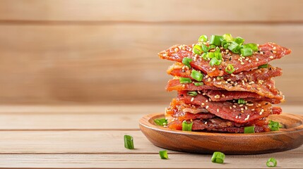 Close-up of a jerky stick, delicately placed on a sleek dish with ample space around it for textThe food's presentation mixes modern elegance