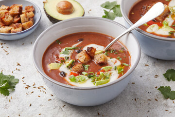 Black Bean Soup with Avocados and Croutons