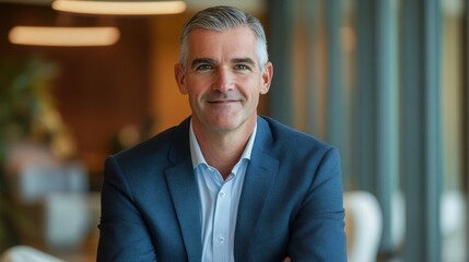 Obraz premium Confident Businessman in Suit Smiling at Modern Office Environment