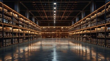 Fototapeta premium A spacious industrial storage facility with organized shelves and bright lighting during the daytime