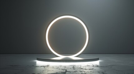 A minimalist LED ring light fixture softly glowing, isolated on a neutral grey background.