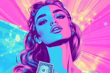 Pop art illustration of a white girl holding cash with a confident expression, featuring vibrant pink and blue colors, shiny effects, and a retro comic book style