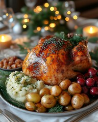 Roasted chicken with mashed potatoes, roasted potatoes, cranberries, and beans for Christmas dinner.