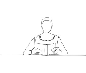 teacher reads text, holds textbook, explains material one line art. Continuous line drawing of online knowledge, learning, education, teaching, solving problems, student life