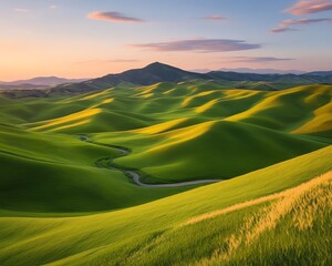 Vibrant green hills under a colorful sunset.