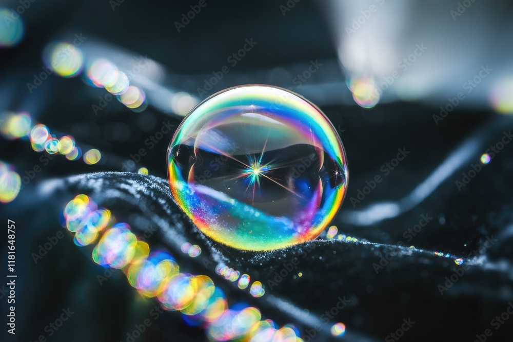 Poster a mesmerizing iridescent soap bubble rests on a dark velvet surface, reflecting a starburst pattern.