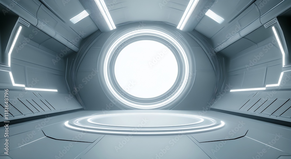 Poster Sleek futuristic hallway with bright circular portal and minimalist design : Generative AI
