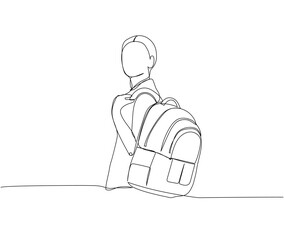 Student with a large backpack, school supplies one line art. Continuous line drawing of online learning, knowledge, study, school uniform, bag, education.