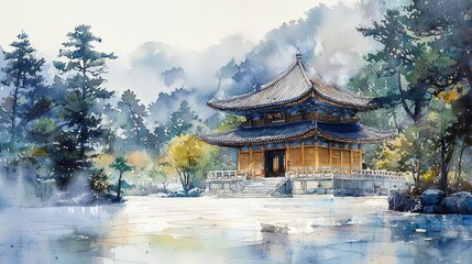 Naklejka premium The calm presence of an Asian temple, subtly illustrated using soft pastel watercolors in both light and dark shades, capturing the peaceful atmosphere of the space.