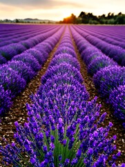 Vibrant lavender field at sunset.