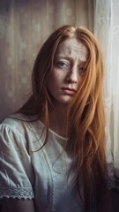 Fototapeta premium A young redhead woman with a melancholic expression, dressed in white, sits near a window.